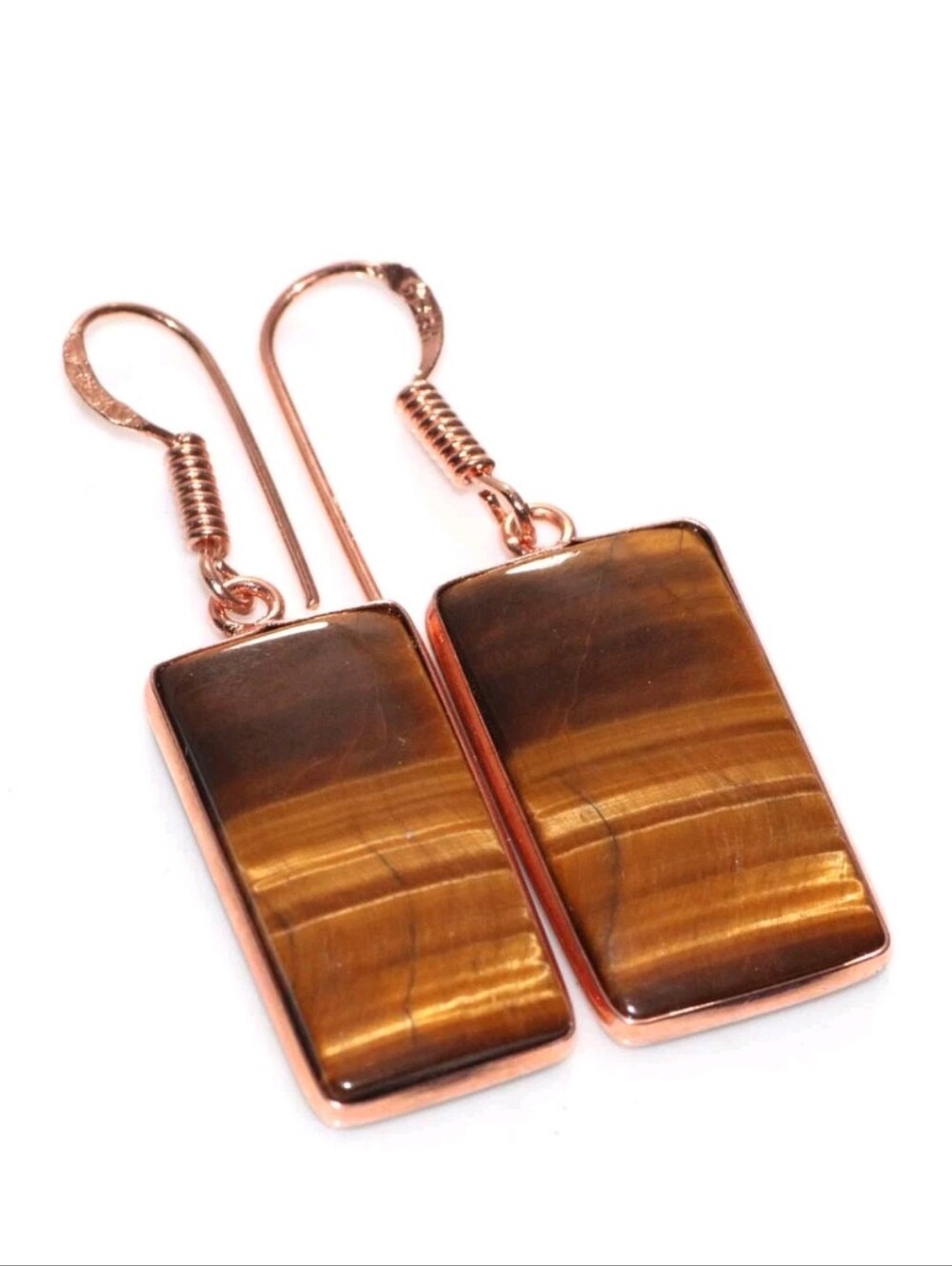 New Bezel Tiger Eye Copper 925 Silver Earrings. 